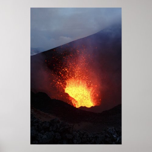Night eruption volcano fountain lava from crater poster