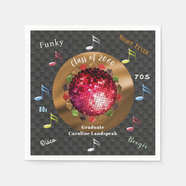 Night Fever Disco Words & Disco Ball Graduation Napkins (Front)