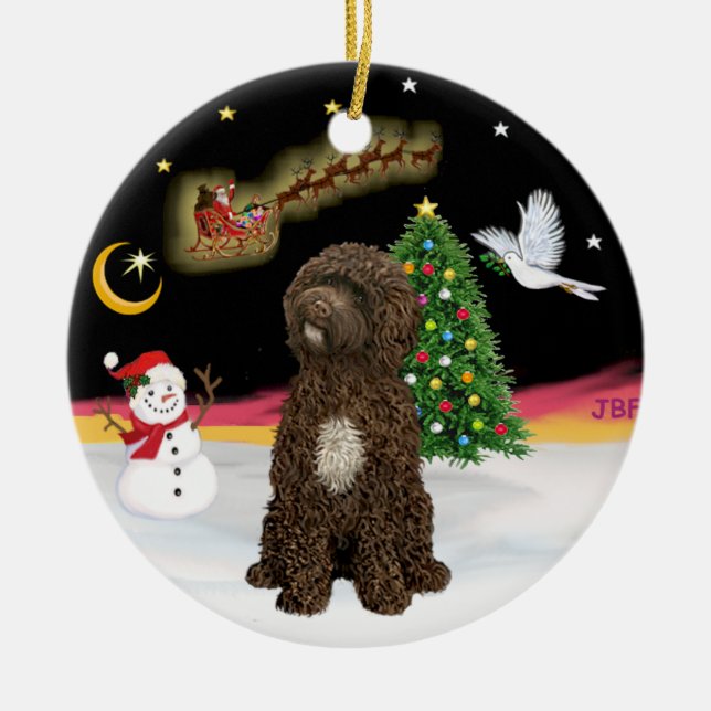 Night Flight -Brown Portuguese Water Dog Ceramic Ornament (Front)