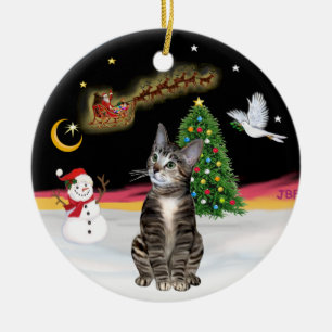 Night Flight - Brown Tabby cat 2 Ceramic Ornament
