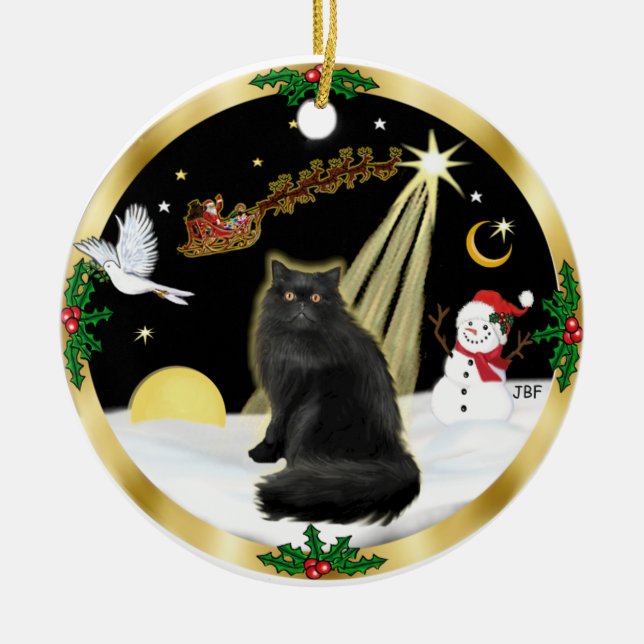 Night Flight (GW) - Black Persian cat Ceramic Ornament (Front)