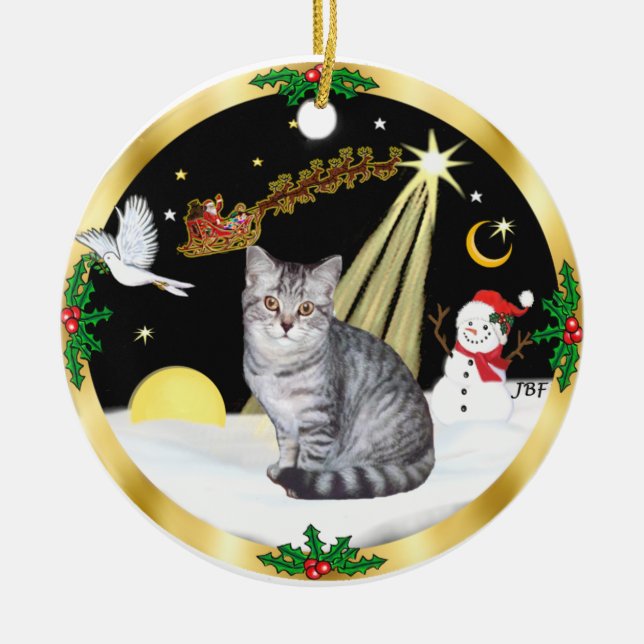 Night Flight (GW) - Silver Tabby cat Ceramic Ornament (Front)