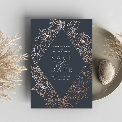 Night  Floral Diamond Foil Save the Date Card