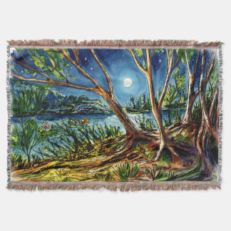 Night Forest and River Watercolor Throw Blanket