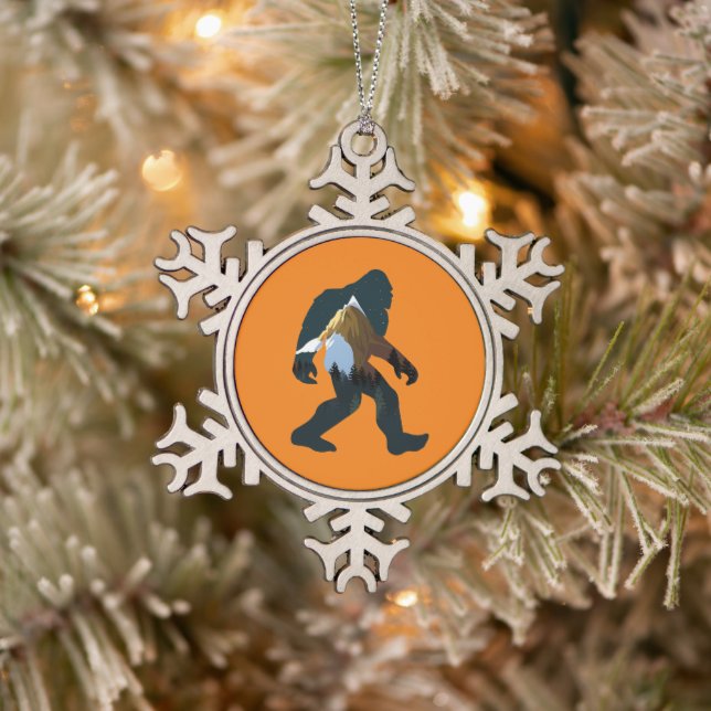 Night Forest Bigfoot Snowflake Pewter Christmas Ornament (Tree)