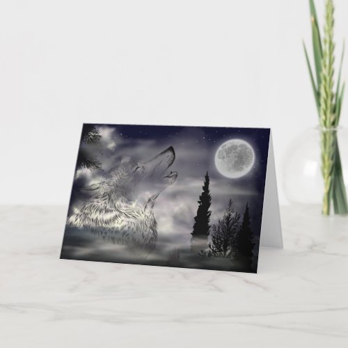 Night Forest Moon Lone Wolf Birthday Holiday Card
