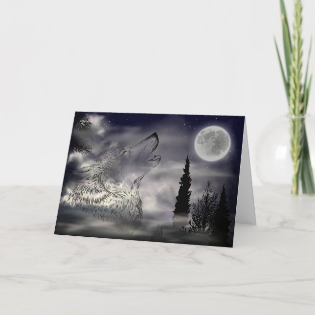 Night Forest Moon Lone Wolf Birthday Holiday Card (Front)