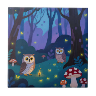 Night Forest Owls Illustration Ceramic Tile