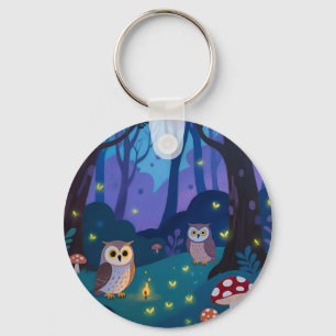 Night Forest Owls Illustration Keychain