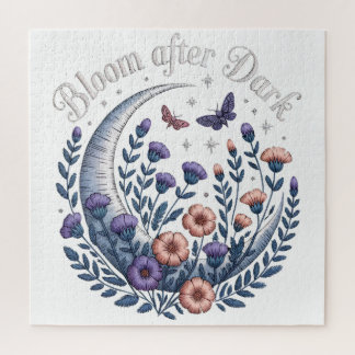 Night Garden Faux Embroidered Moon with Moths Jigsaw Puzzle