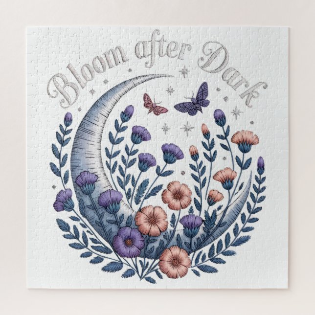 Night Garden Faux Embroidered Moon with Moths Jigsaw Puzzle (Vertical)