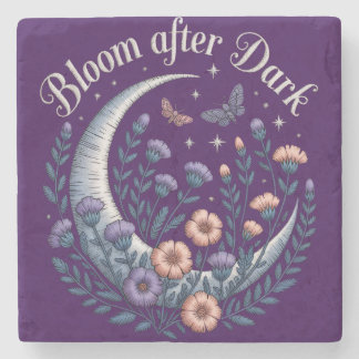 Night Garden Faux Embroidered Moon with Moths Stone Coaster