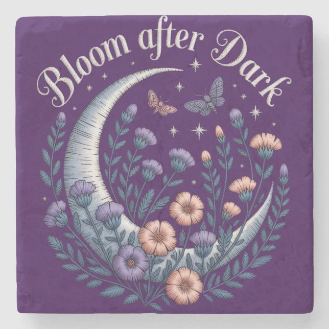 Night Garden Faux Embroidered Moon with Moths Stone Coaster (Front)