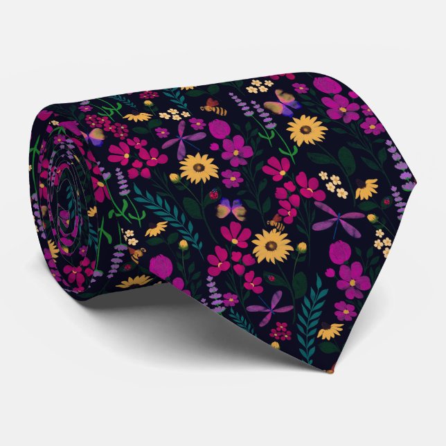 Night Garden Floral Botanical Neck Tie (Rolled)