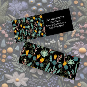 Night Garden Floral Botanical Pattern Black Mini Business Card
