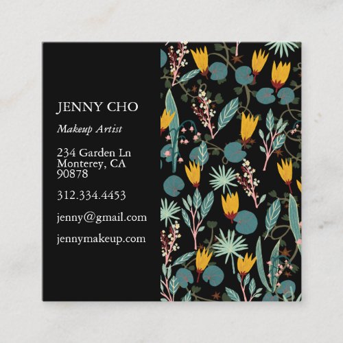 Night Gardens Botanical Pattern Black Square Business Card