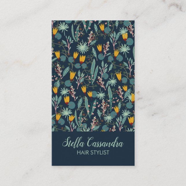 Night Gardens Botanical Pattern Deep Blue Business Card (Front)