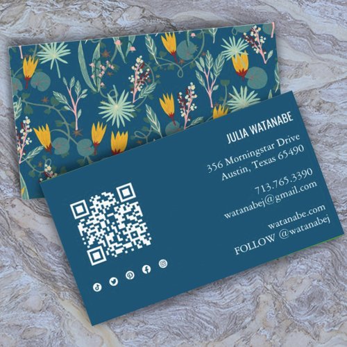 Night Gardens Floral QR Code Social Media Chic Business Card