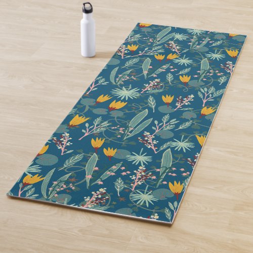 Night Gardens Leaf Flower Pattern Blue Yoga Mat