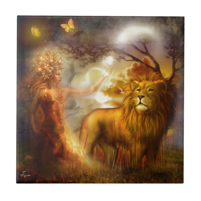 Night Goddess and Lion Ceramic Tile (Front)