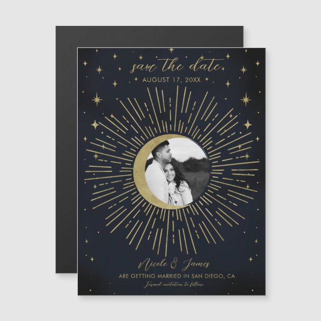 Night Gold Celestial Sunburst Photo Save The Date (Front/Back)