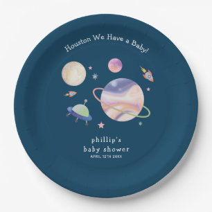 Night Green Galaxy Space Moon Star Boy Baby Shower Paper Plates