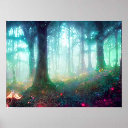 Night Green Mythical Forest _ Dreamy Fantasy Art Poster