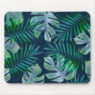 Night Green Tropical Leaves Mouse Pad
