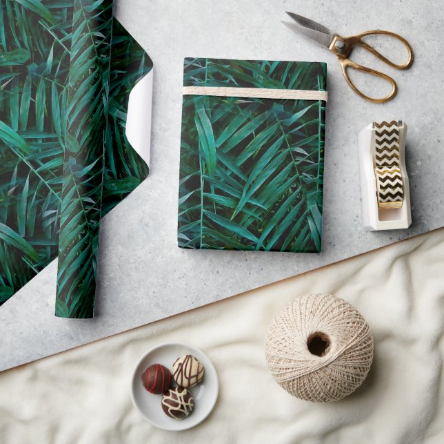 Night Green Tropical Palm Leaves  Wrapping Paper (Crafts)
