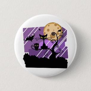 Night Halloween Moon Cat Tree Outside Owl Bat Button