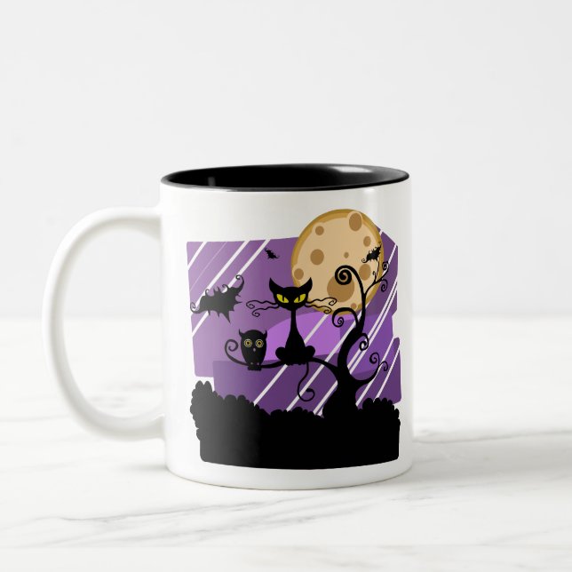 Night Halloween Moon Cat Tree Outside Owl Bat Two-Tone Coffee Mug (Left)