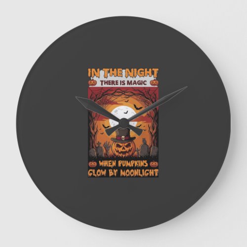 Night Halloween Pumpkin Top Hat Bats Graveyard_1 Large Clock