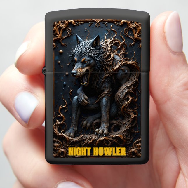 Night Howler Crouching Wolf Zippo Lighter (In Hand)
