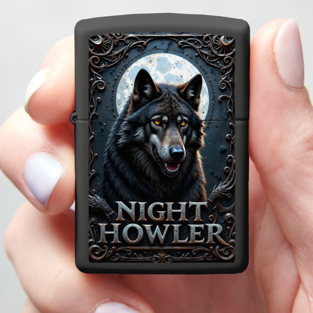 Night Howler Dark Wolf Portrait Zippo Lighter (In Hand)