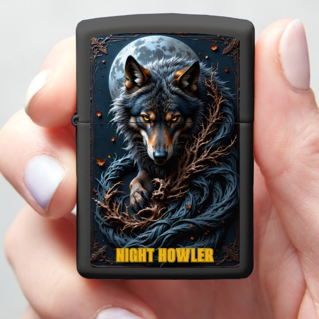 Night Howler Wolf Branches Zippo Lighter (In Hand)