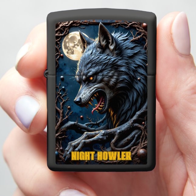 Night Howler Wolf Dark Branches Zippo Lighter (In Hand)