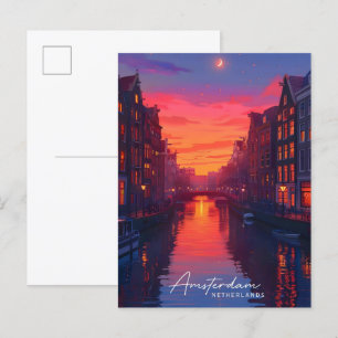 Night in Amsterdam Netherlands Travel  Postcard