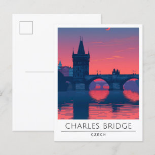 Night in Charles Bridge Prague Czech Travel Postcard