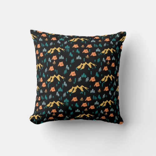 Night in Coniferous Forest Camping Throw Pillow