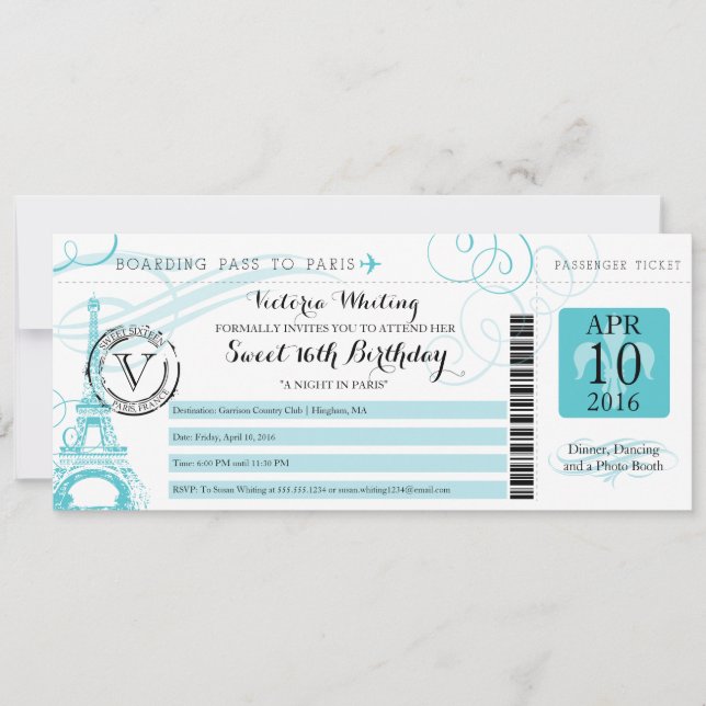 Night in Paris | Aqua Sweet 16 Birthday Invitation (Front)