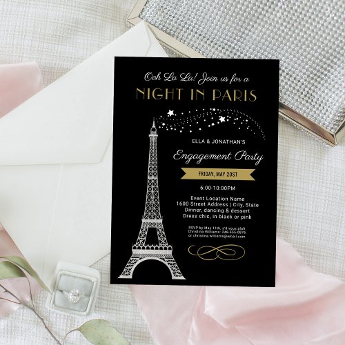 Night in Paris Eiffel Tower Gold Engagement Party Invitation
