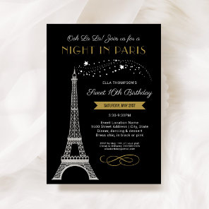 Night in Paris Eiffel Tower Gold Sweet 16 Birthday Invitation