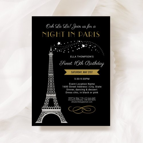 Night in Paris Eiffel Tower Gold Sweet 16 Birthday Invitation