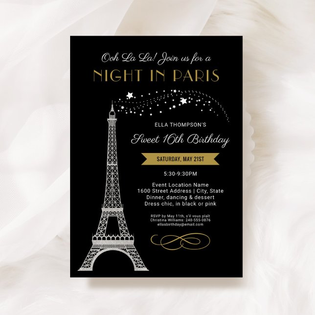 Night in Paris Eiffel Tower Gold Sweet 16 Birthday Invitation (Creator Uploaded)