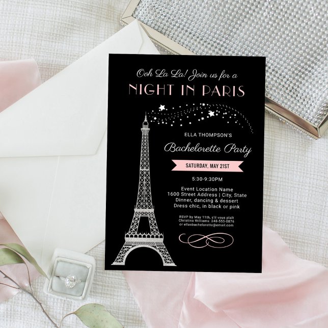 Night in Paris Eiffel Tower Pink Bachelorette Invitation (Creator Uploaded)