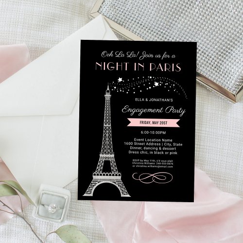 Night in Paris Eiffel Tower Pink Engagement Party Invitation