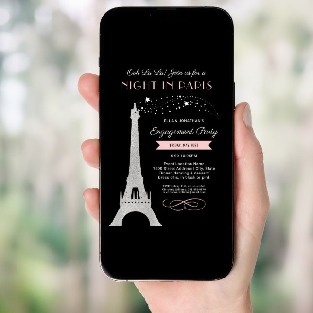 Night in Paris Eiffel Tower Pink Engagement Party Invitation (Front Digital)