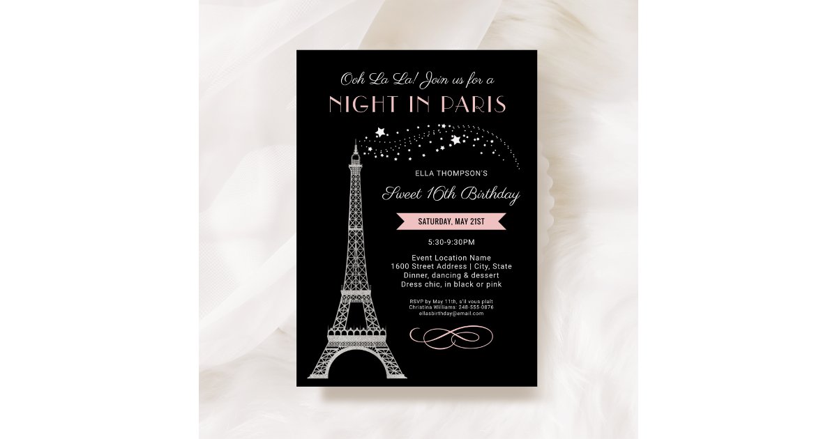 Night in Paris Eiffel Tower Sweet 16 Birthday Invitation