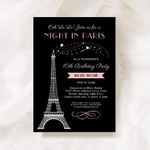 Night in Paris Girly Eiffel Tower Birthday Party Invitation