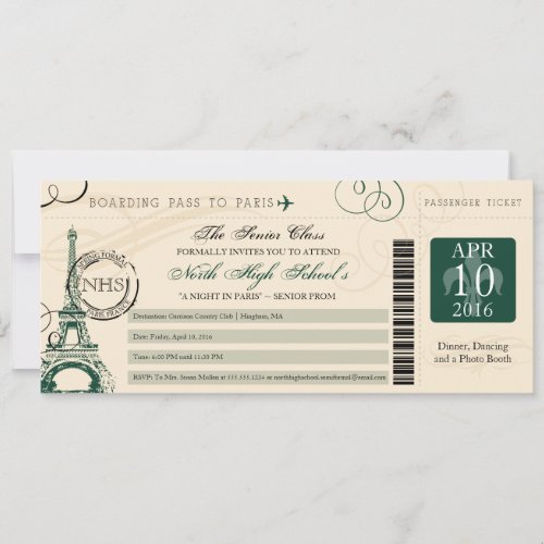 Night in Paris School Prom  Hunter Green Invitation